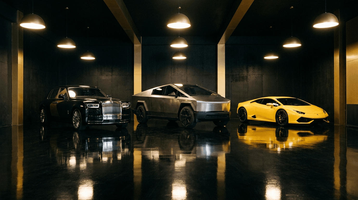 Houston Luxe Auto Galleria fleet garage with Rolls-Royce Phantom, Tesla Cybertruck, and Lamborghini Huracán