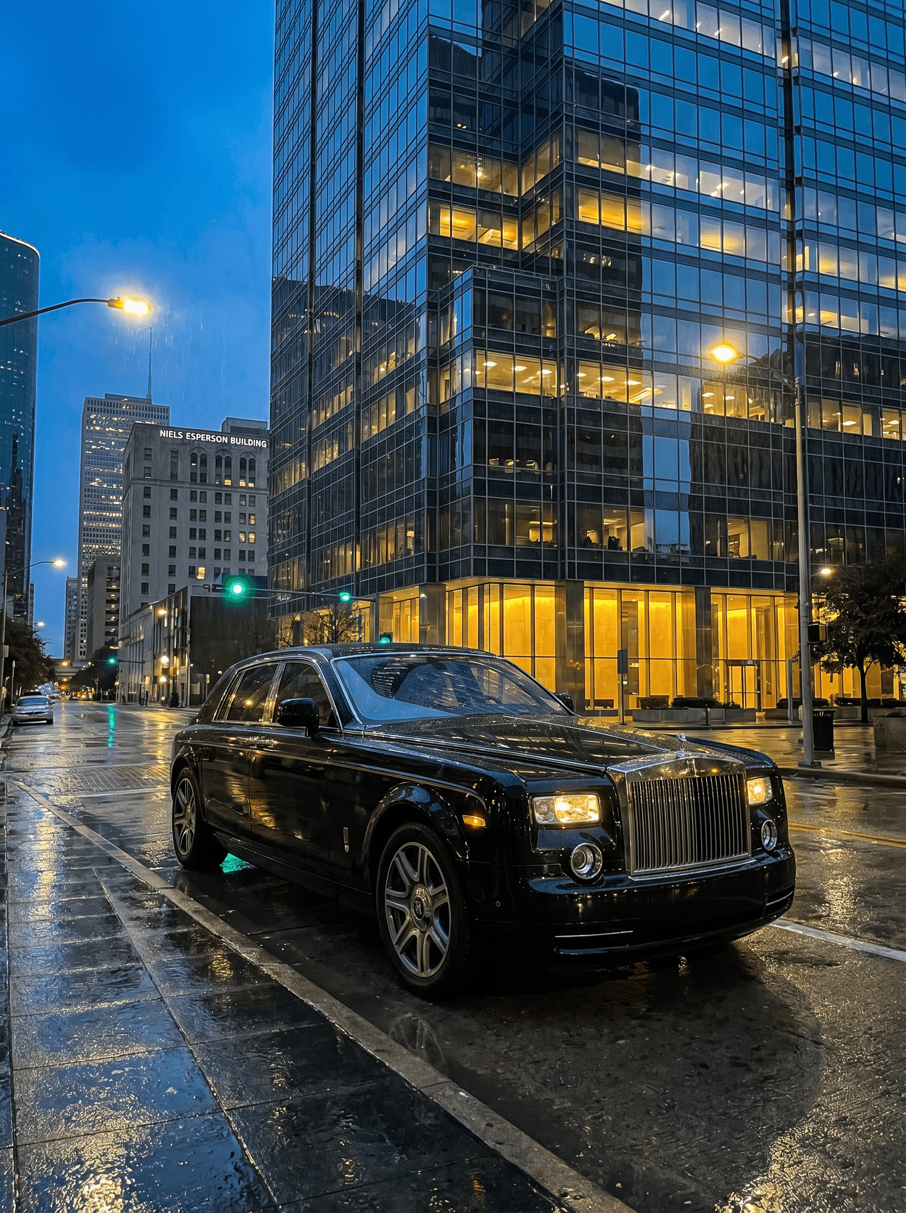 Black Rolls-Royce Phantom on a Houston downtown street at dusk